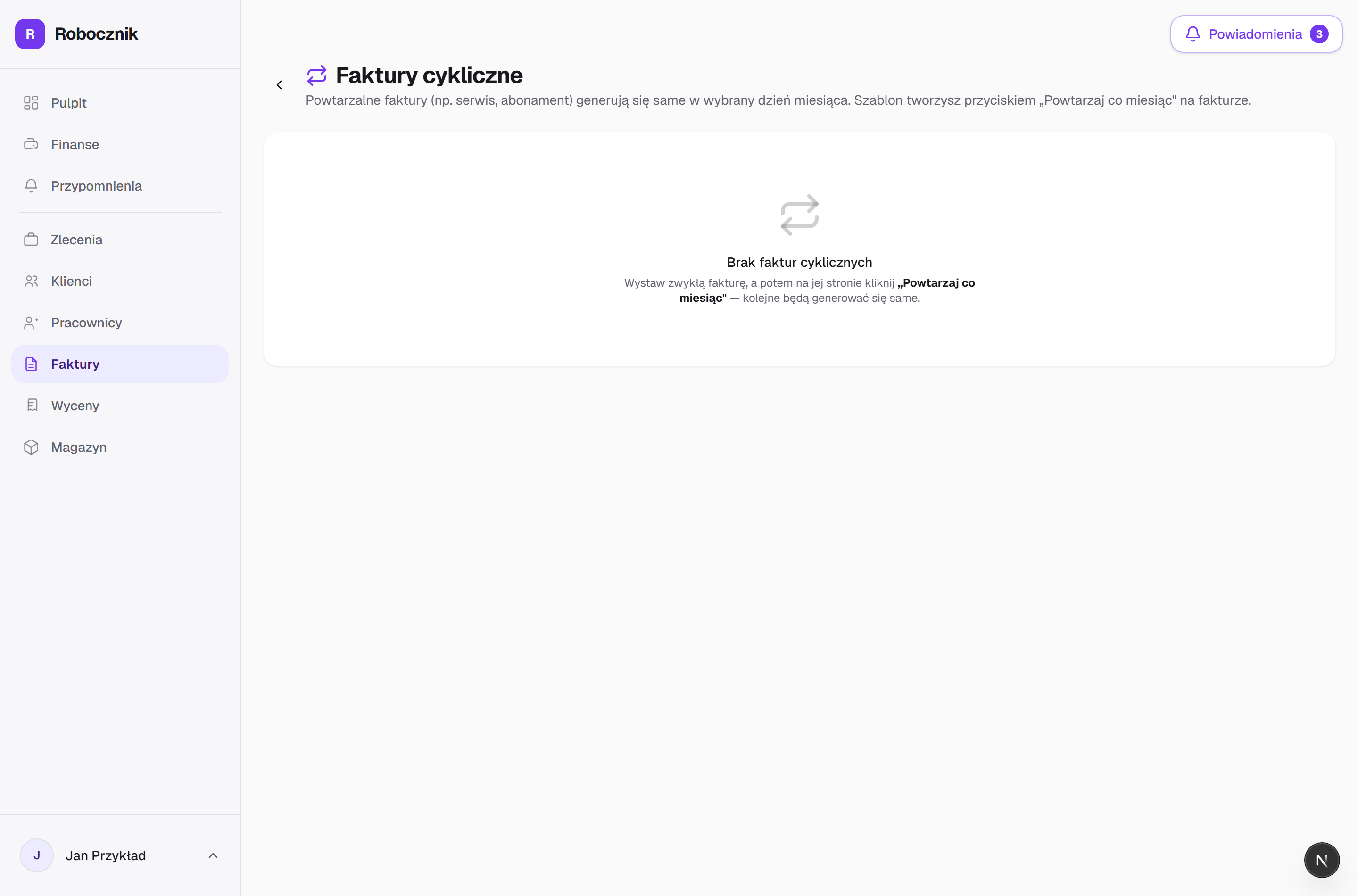 Lista faktur cyklicznych z przełącznikami Mail / KSeF / aktywna