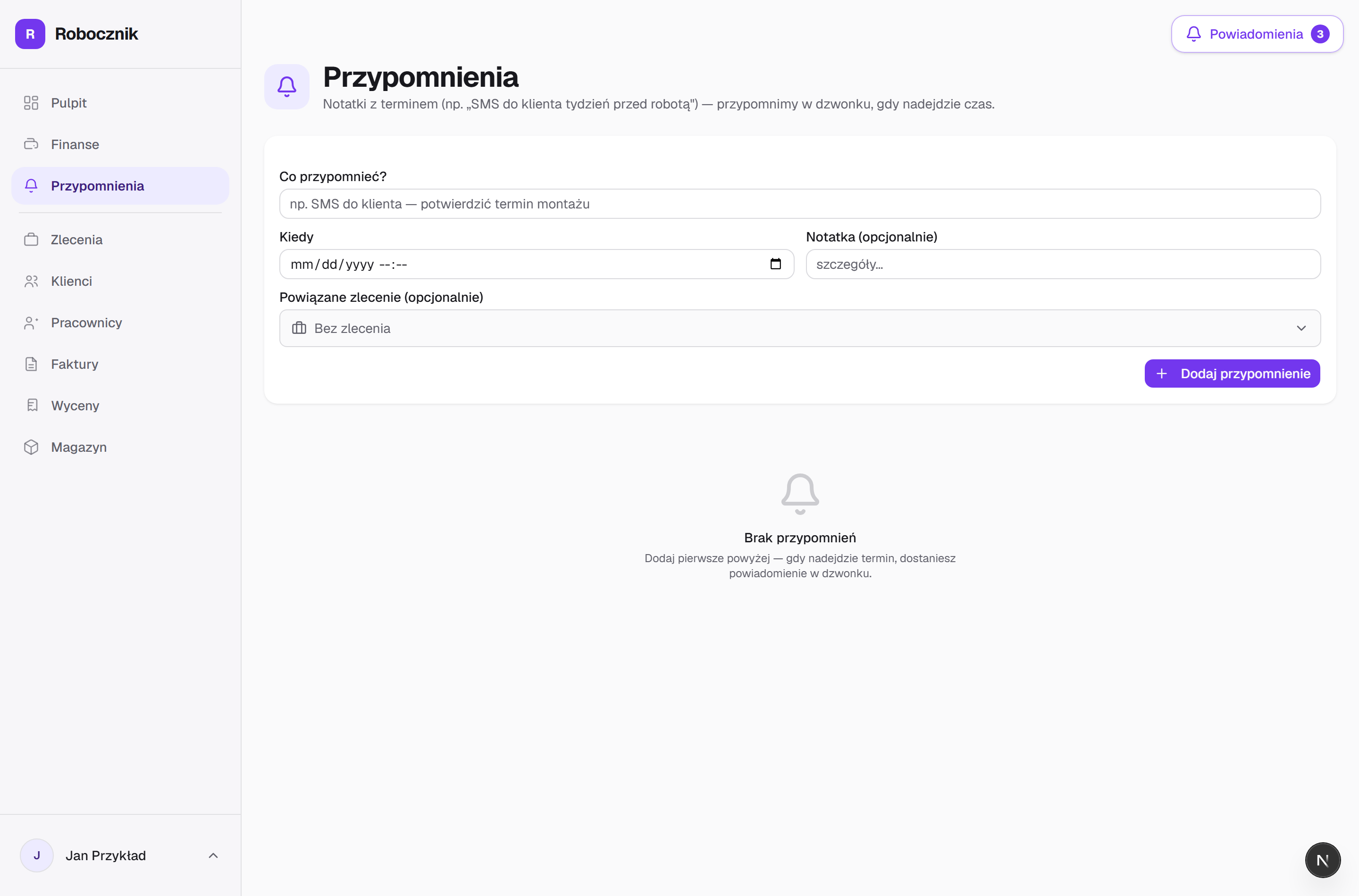 Lista przypomnień + formularz